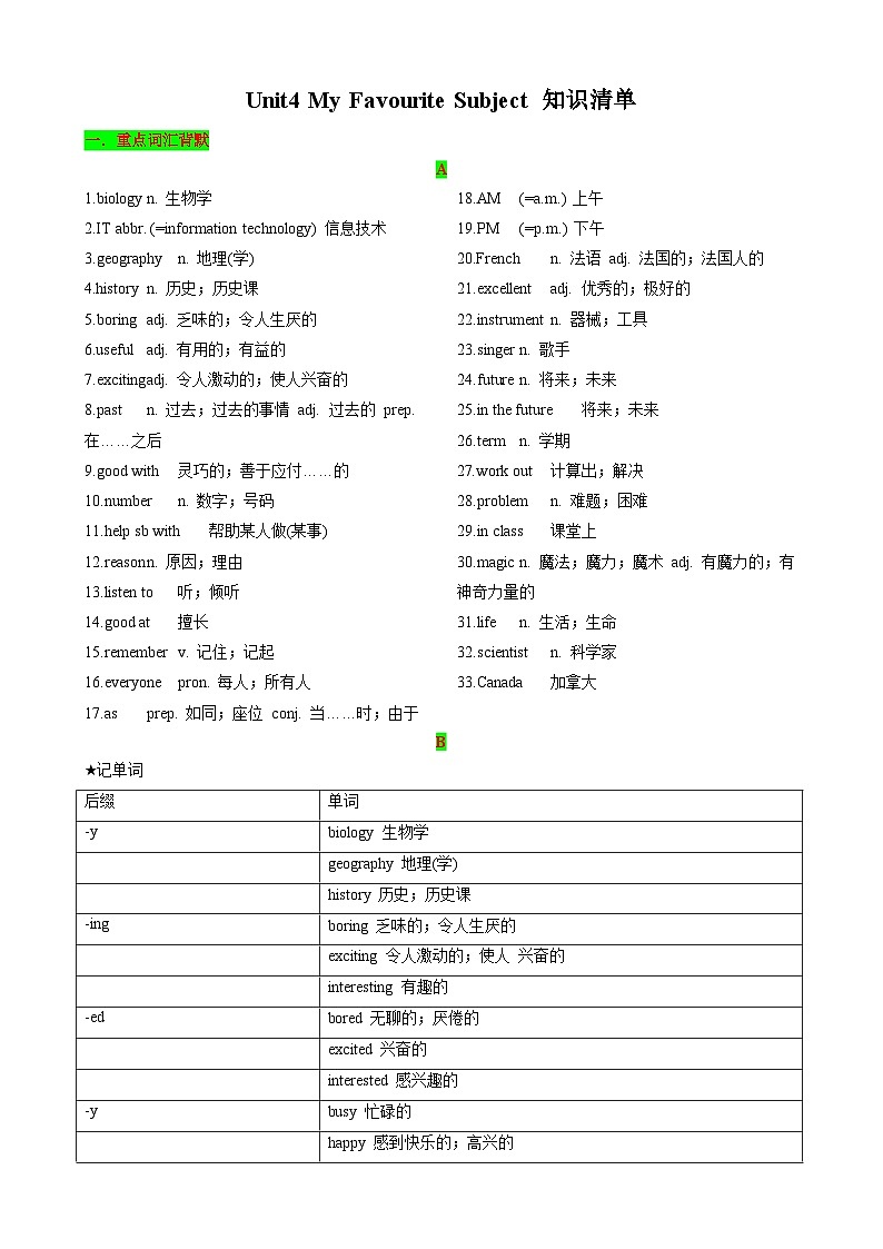 Unit4 My favourite Subject 知识清单(背诵版)第1页