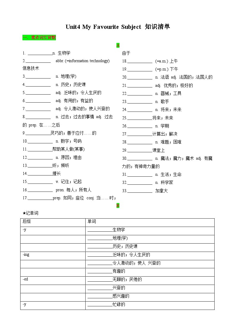 Unit4 My Favourite Subject 知识清单(默写版)第1页