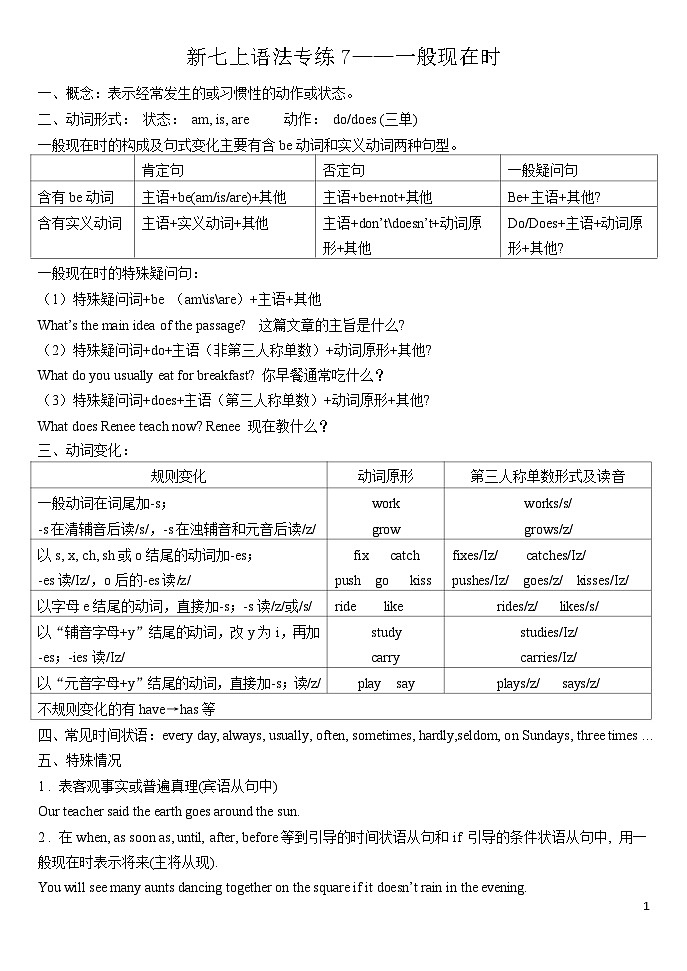 2024人教版初中英语七年级上册专练7—一般现在时01