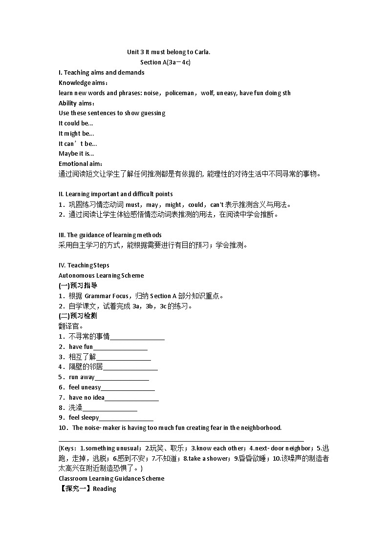鲁教版(五四制)初中英语九年级全册 Unit 3 It must belong to Carla Section A 3a-4c 教案01