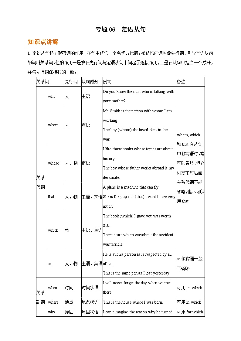 专题06  定语从句【弯道超车】暑假新九年级英语语法知识点讲解+例题精炼（人教版）（含答案）