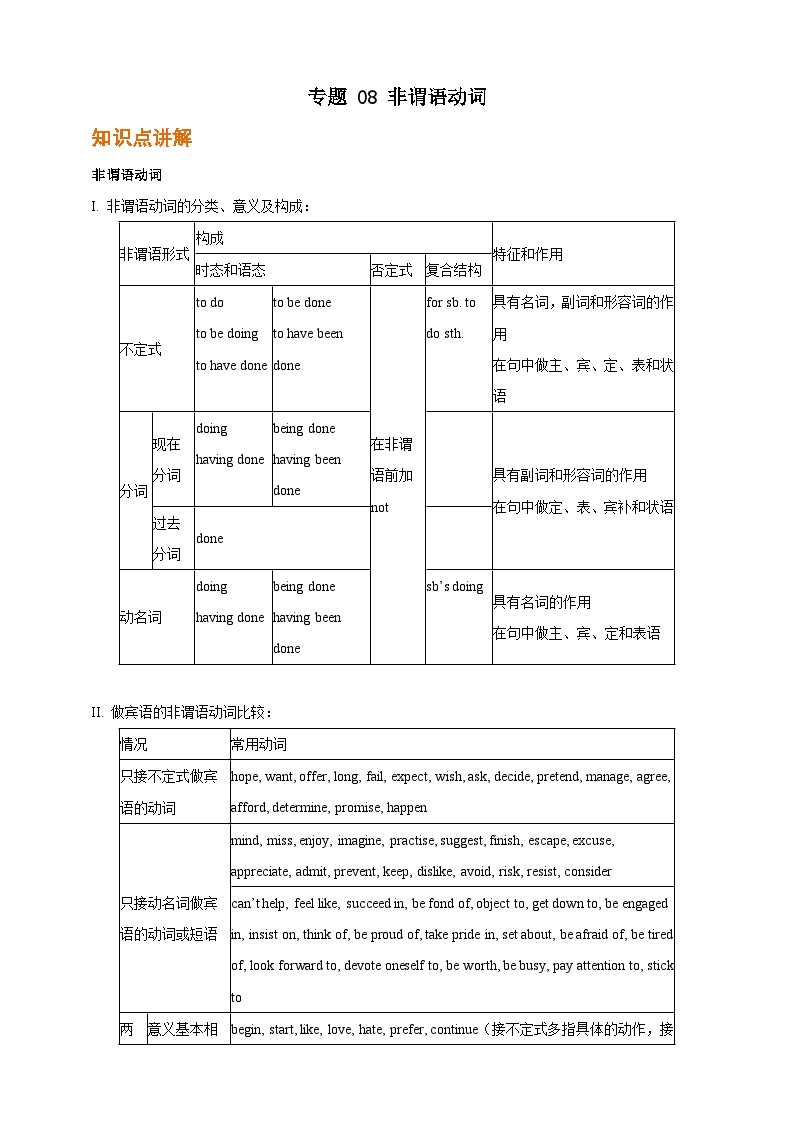 专题 08 非谓语动词【弯道超车】暑假新九年级英语语法知识点讲解+例题精炼（人教版）（含答案）