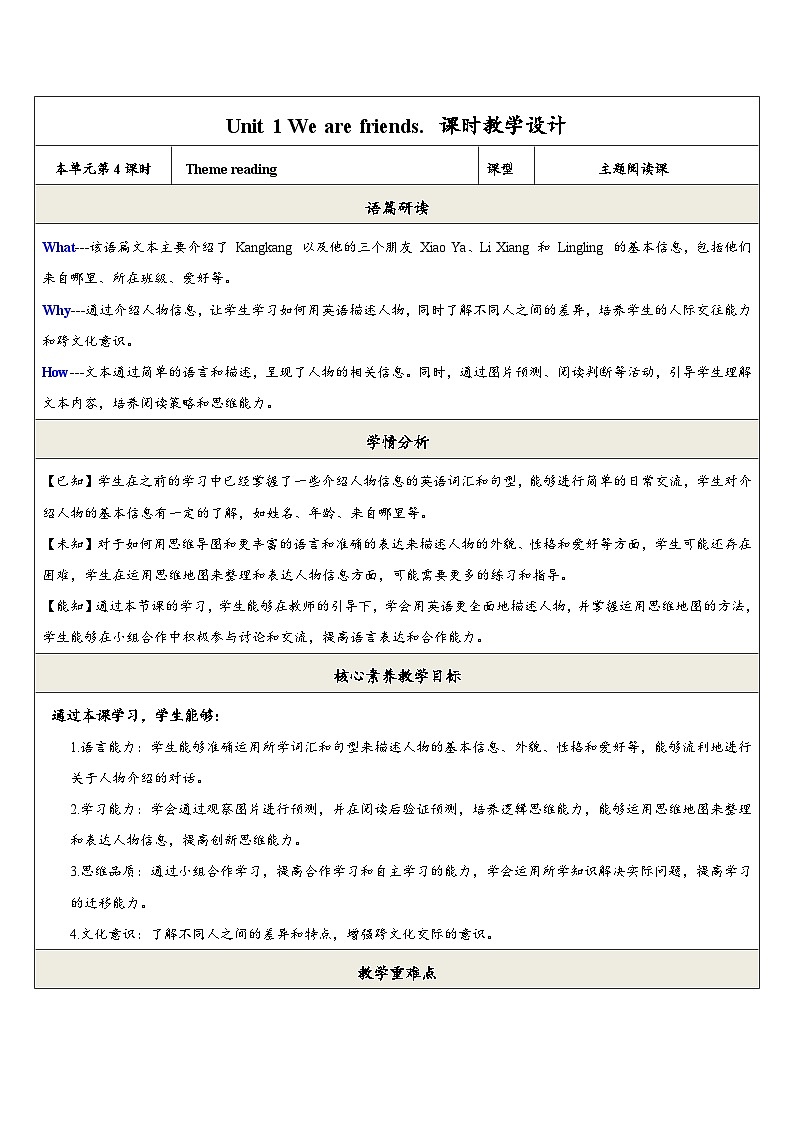 Unit 1 Let`s Be Friends(第4课时)Theme reading教学设计第1页