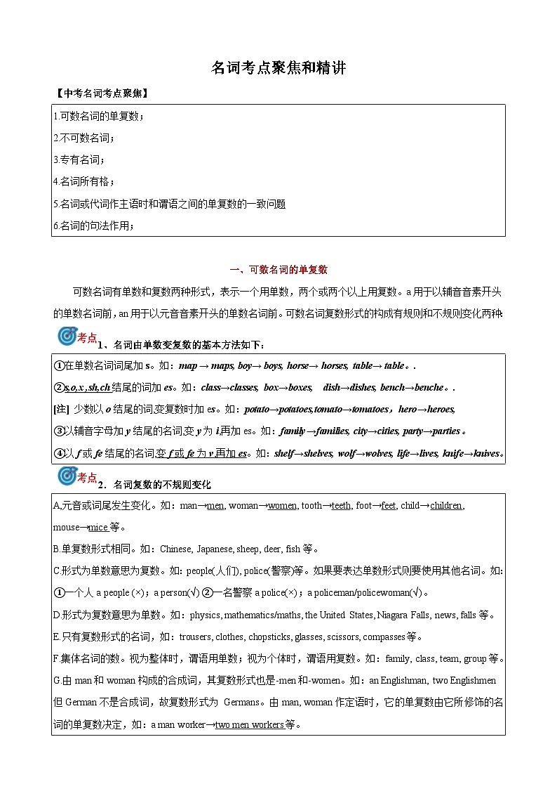 专题1.名词考点聚焦和精讲-中考英语语法复习(解析版)第1页