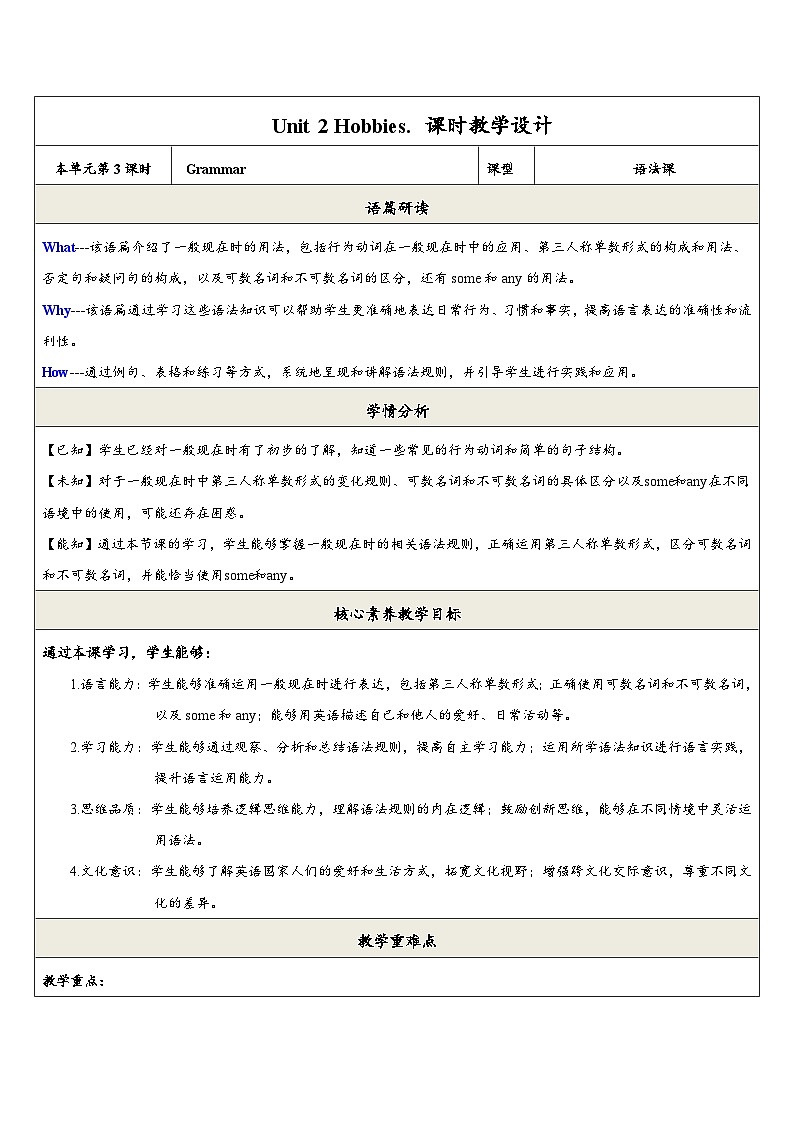 【新教材】牛津译林版英语七年级上册Unit2 Hobbies第3课时Grammar 课件+单元整体教学设计+课时教案01
