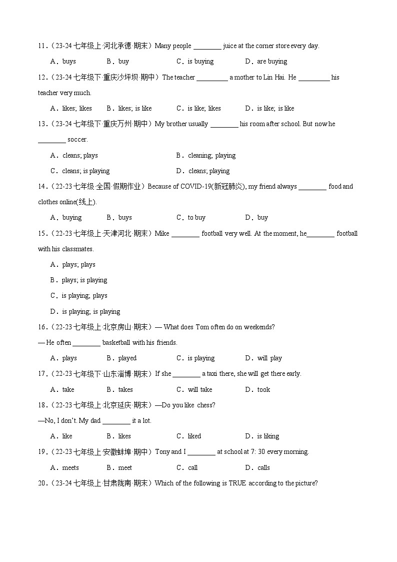 第一次月考复习 Units1-2 重难语法(一般现在时)进阶练100题-2024-2025学年七年级英语上册重难点讲练全攻略(牛津译林版2024)第2页