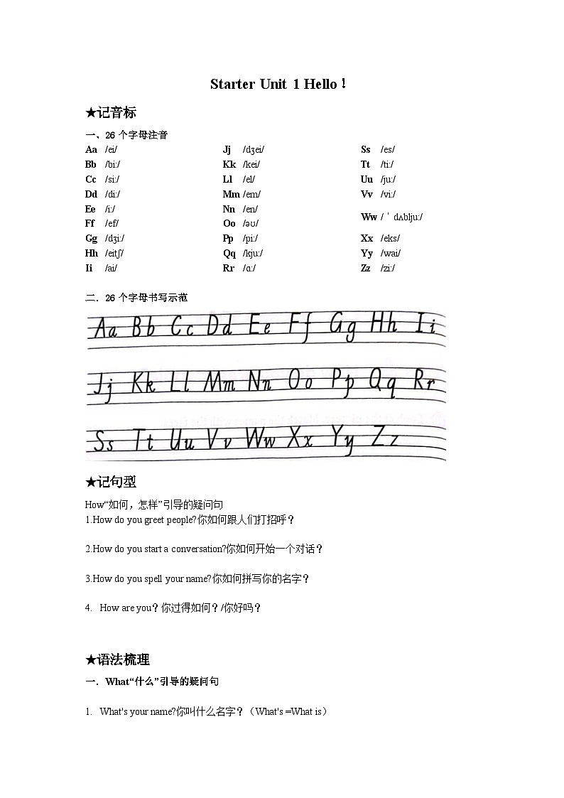 (人教版2024)七年级上册英语预习Starter Unit 1 Hello!(知识清单+语法笔记+巩固练习)01