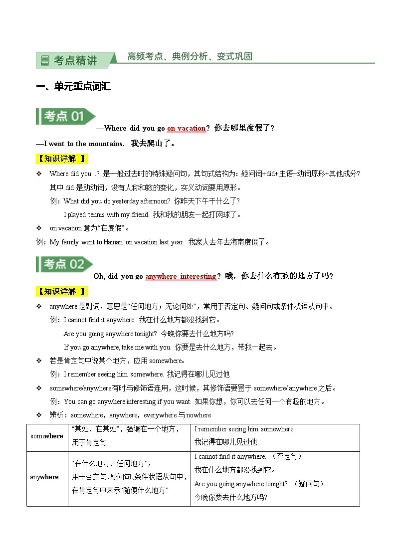 人教版初中英语八年级上册Unit 1 Where did you go on vaction ?(单元知识清单)第2页