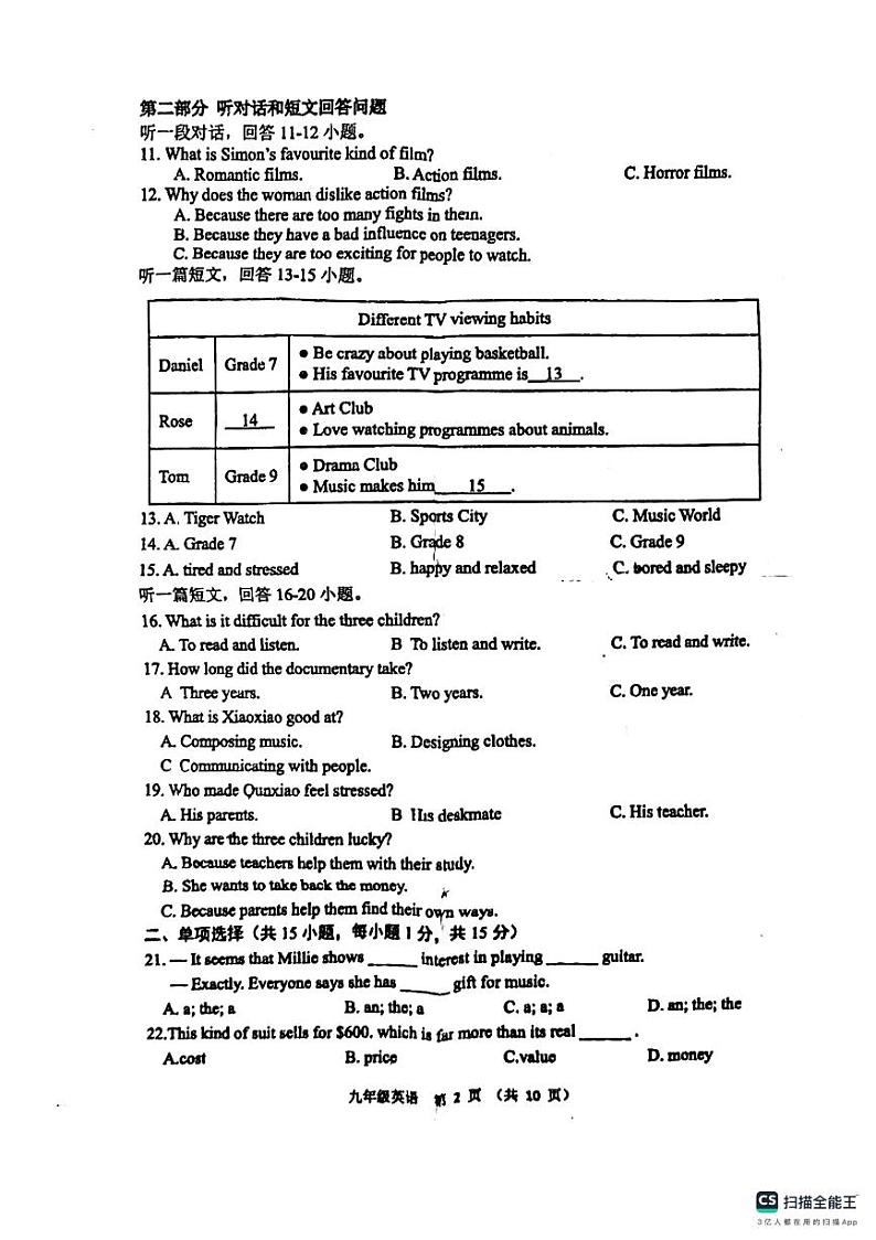 江苏省宿迁市沭阳县怀文中学2023-2024学年上学期英语期中考试卷第2页