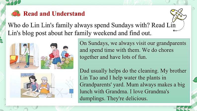 【核心素养】北师大版英语七年级上册 Unit 1 Family Lesson 3 Happy Weekend(课件)04