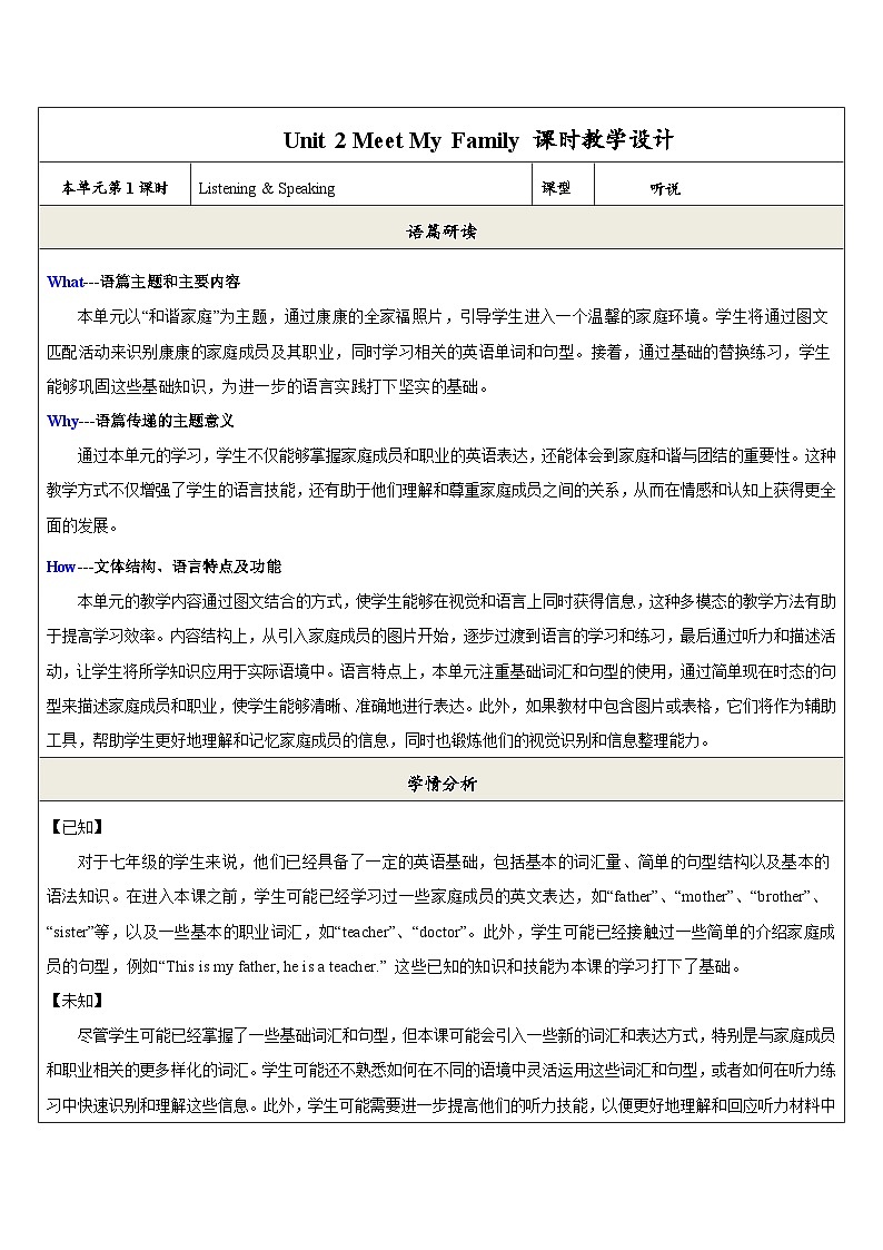 Unit 2 第1课时listening and speaking 教学设计第1页