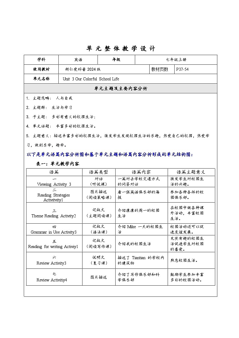 Unit 3 Our Colorful School Life大单元整体教学设计第1页