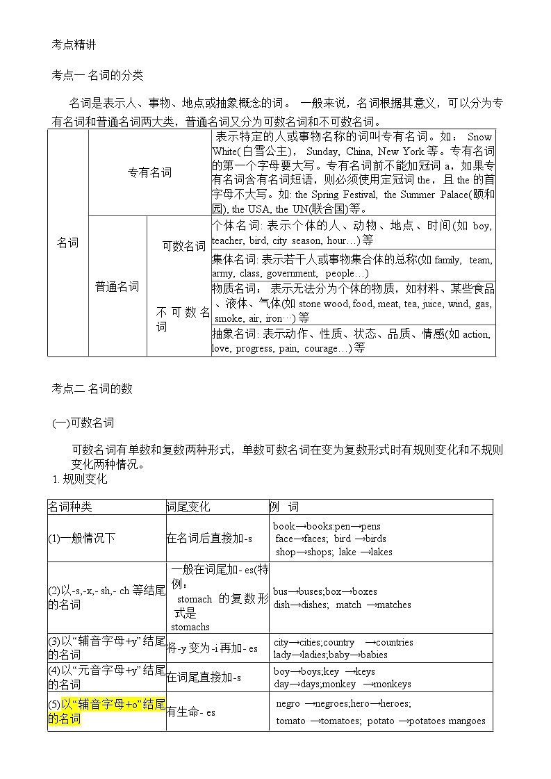 2024年九年级中考英语名词(可数名词,不可数名词,名词所有格)讲义第1页
