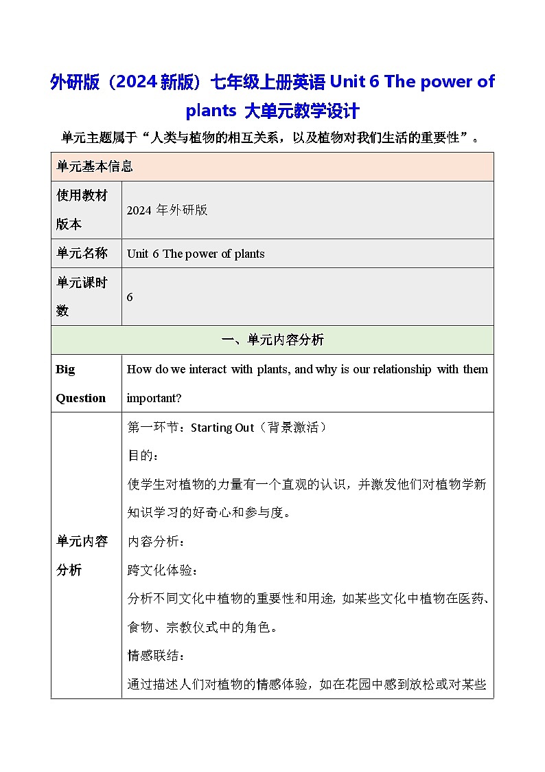 外研版(2024新版)七年级上册英语Unit 6 The power of plants 大单元教学设计01