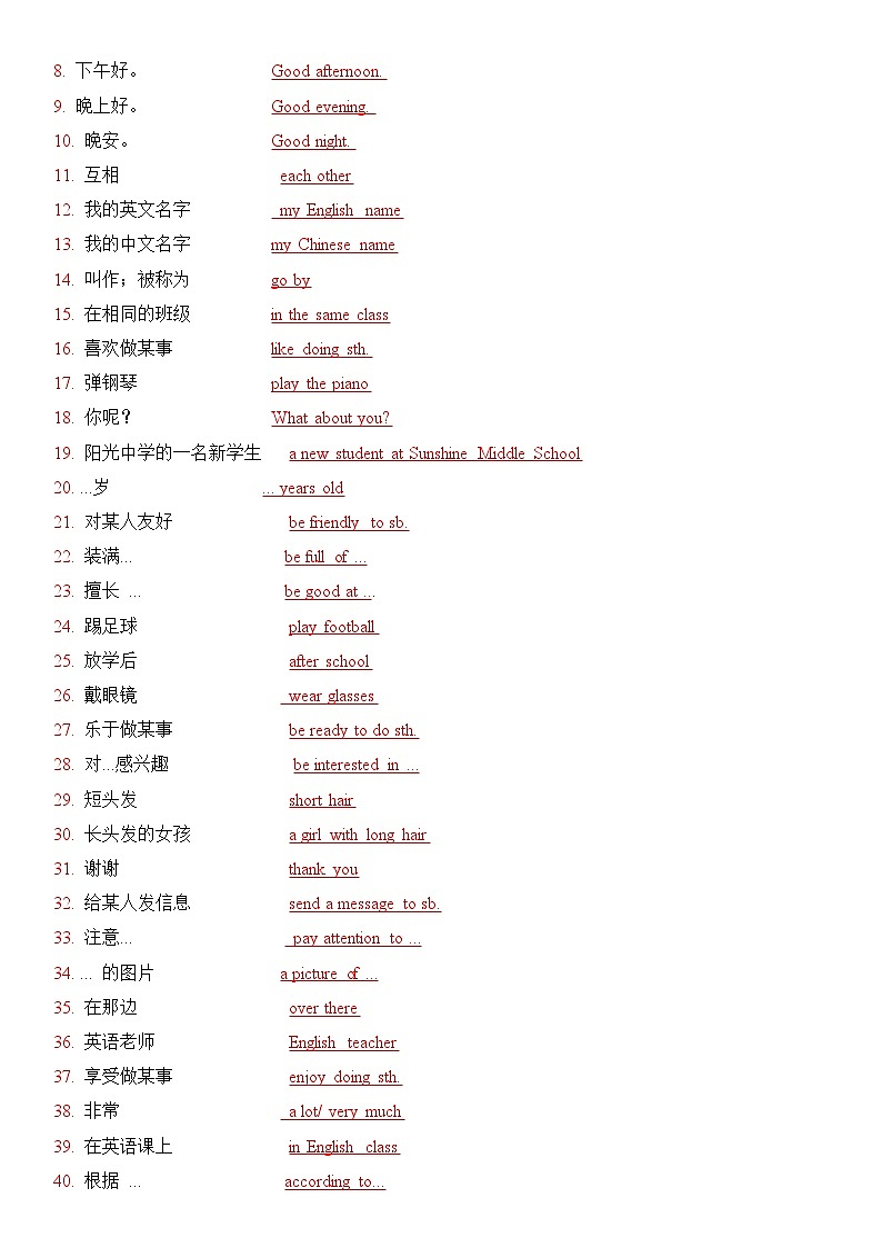 新译林版初中英语七上第一单元 - 复习知识点题纲第2页
