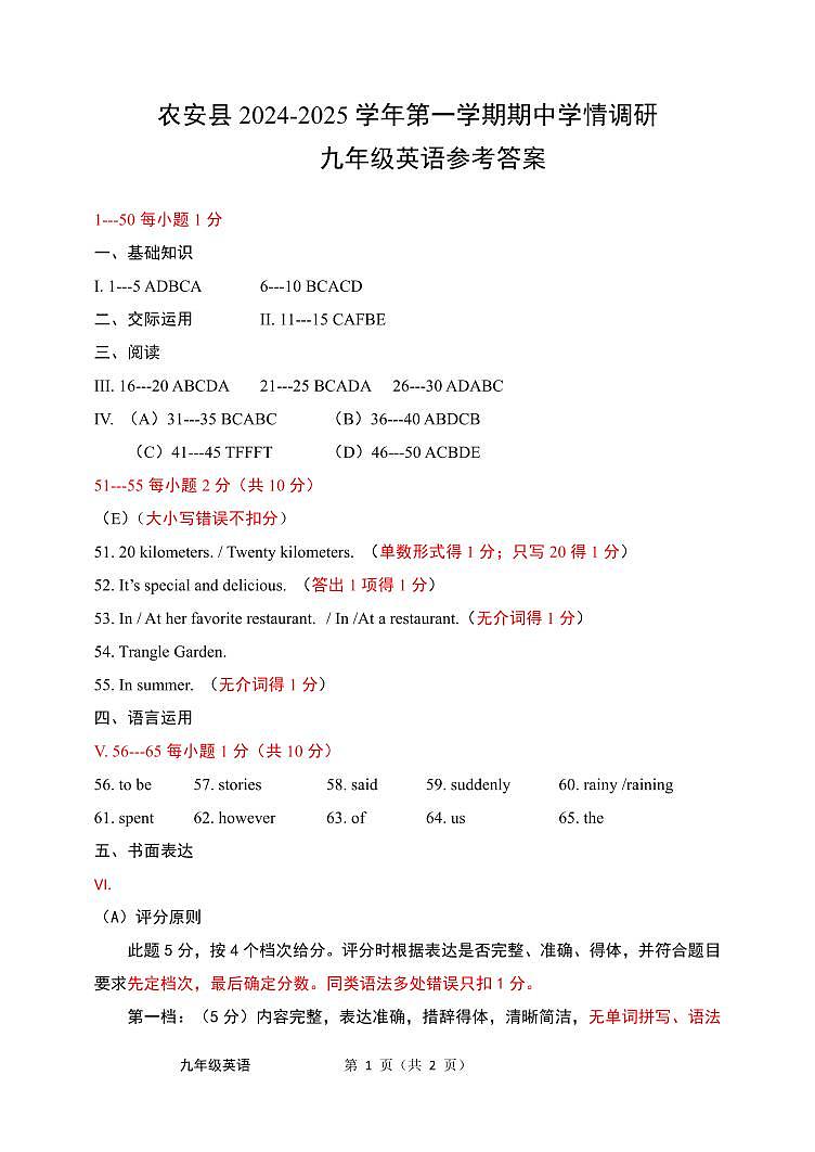 吉林省长春市农安县2024-2025学年上学期期中学情调研九年级英语试题01