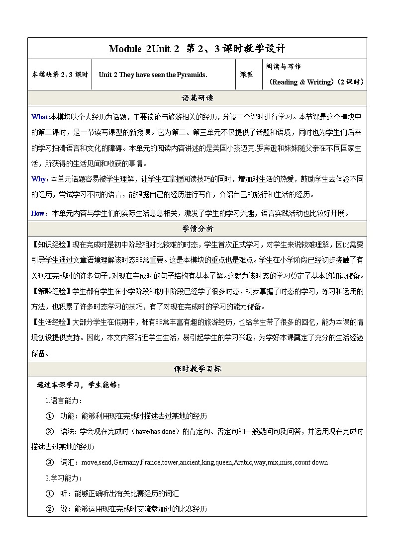 外研版英语八年级下册 Module 2 Unit 2《They have seen the Pyramids》教案第1页