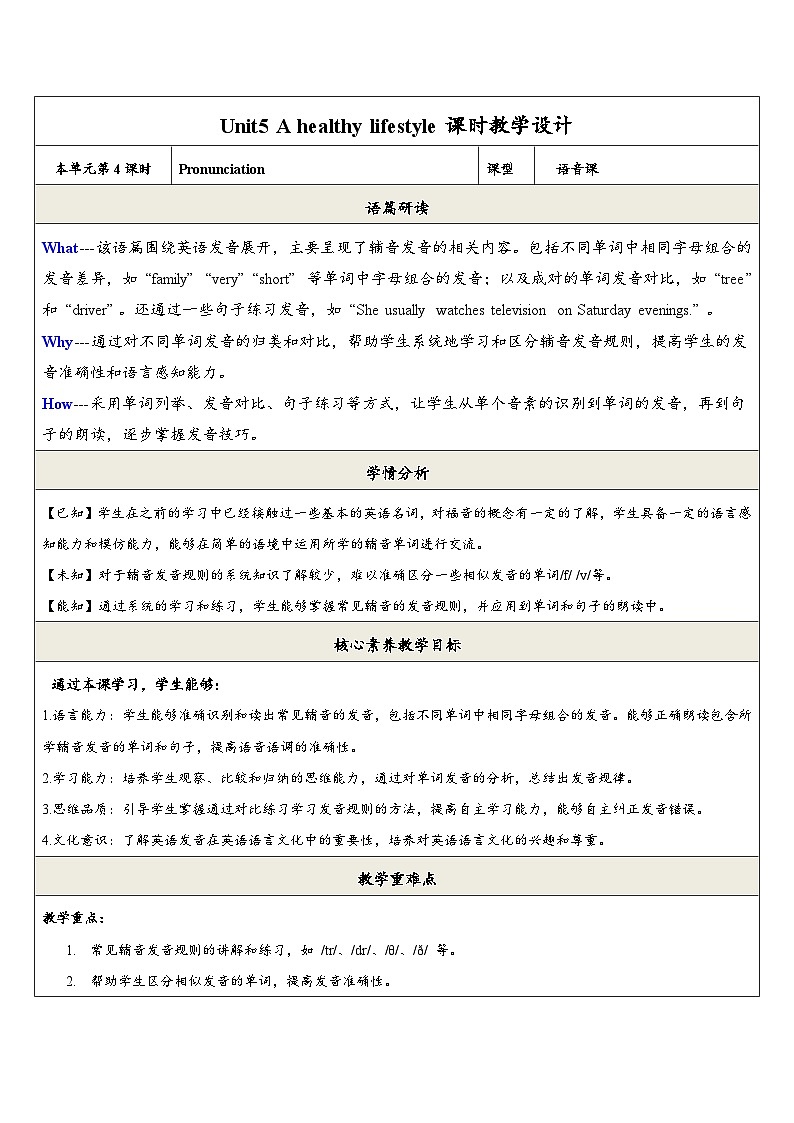【新教材】牛津译林版英语七年级上册Unit5 A healthy lifestyle 第4课时 Pronunciation课件+单元整体教学设计+课时教案01