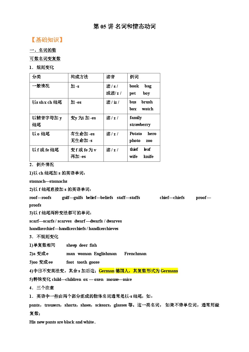 人教版初中英语八年级（上）寒假第05讲 名词和情态动词 学案