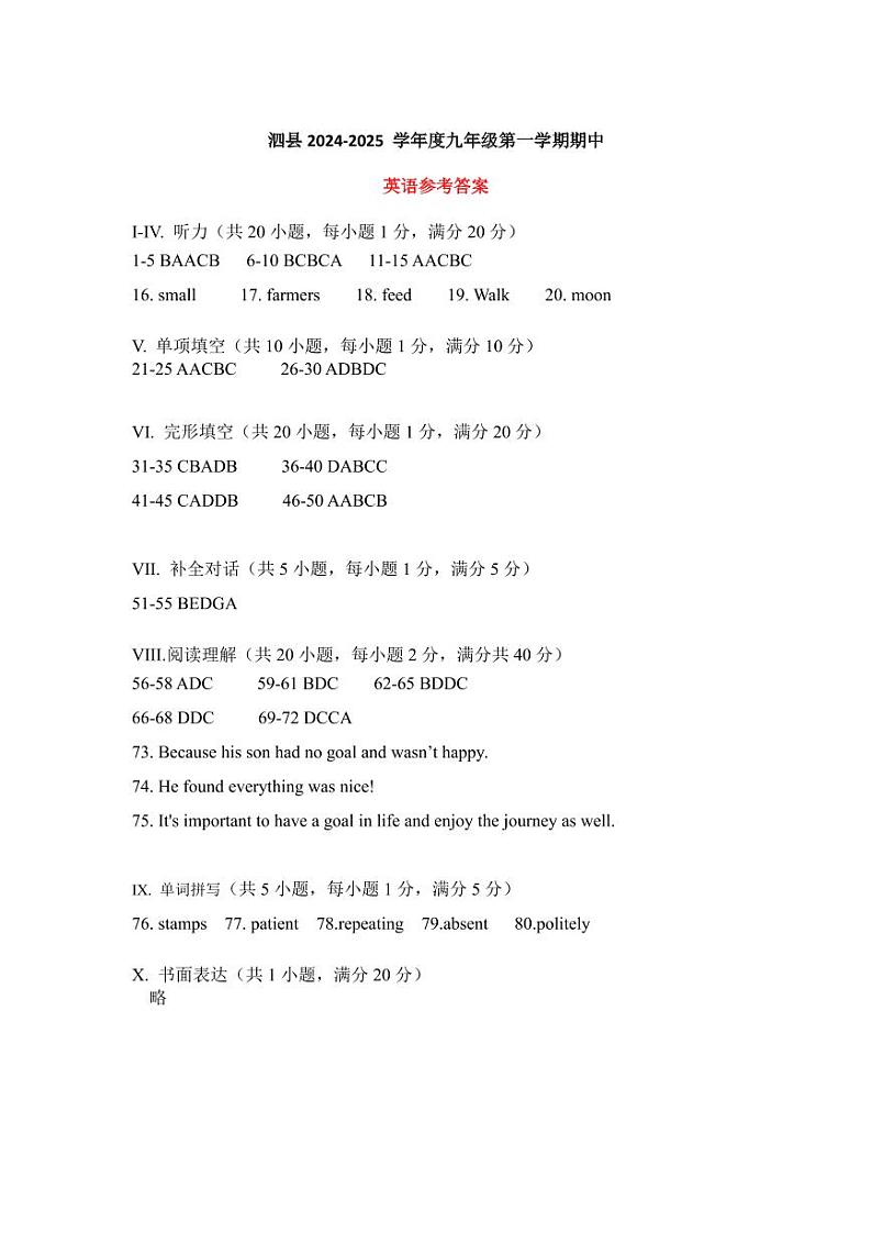 24-25上九年级英语期中参考答案第1页