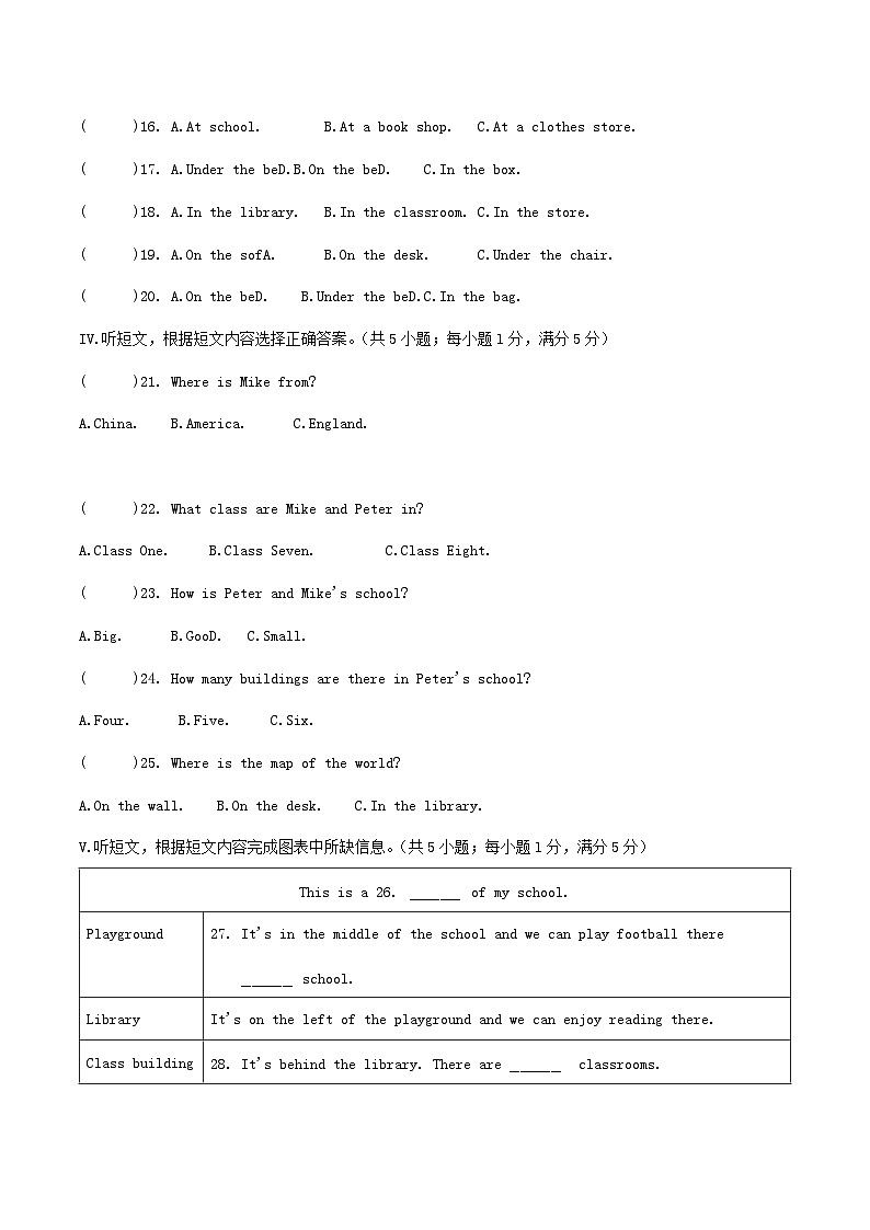 人教版(2024)七年级上册英语Unit 3 My School测试卷(含答案)第2页