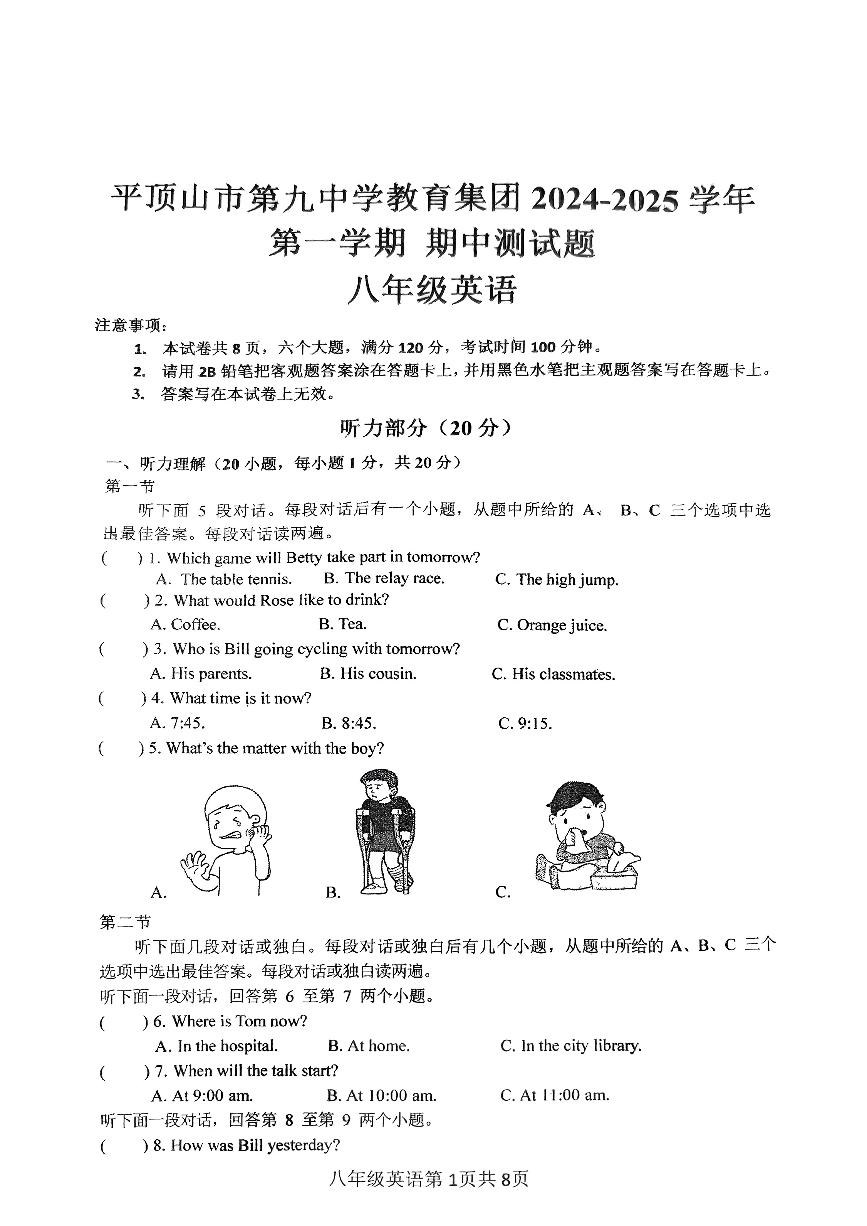 河南省平顶山市第九中学教育集团2024-2025学年八年级上学期期中考试英语试卷