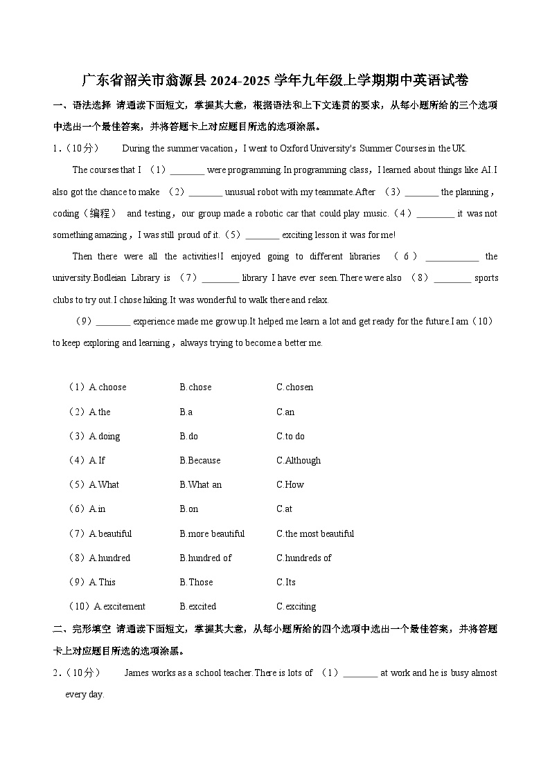 广东省韶关市翁源县2024-2025学年九年级上学期期中英语试卷