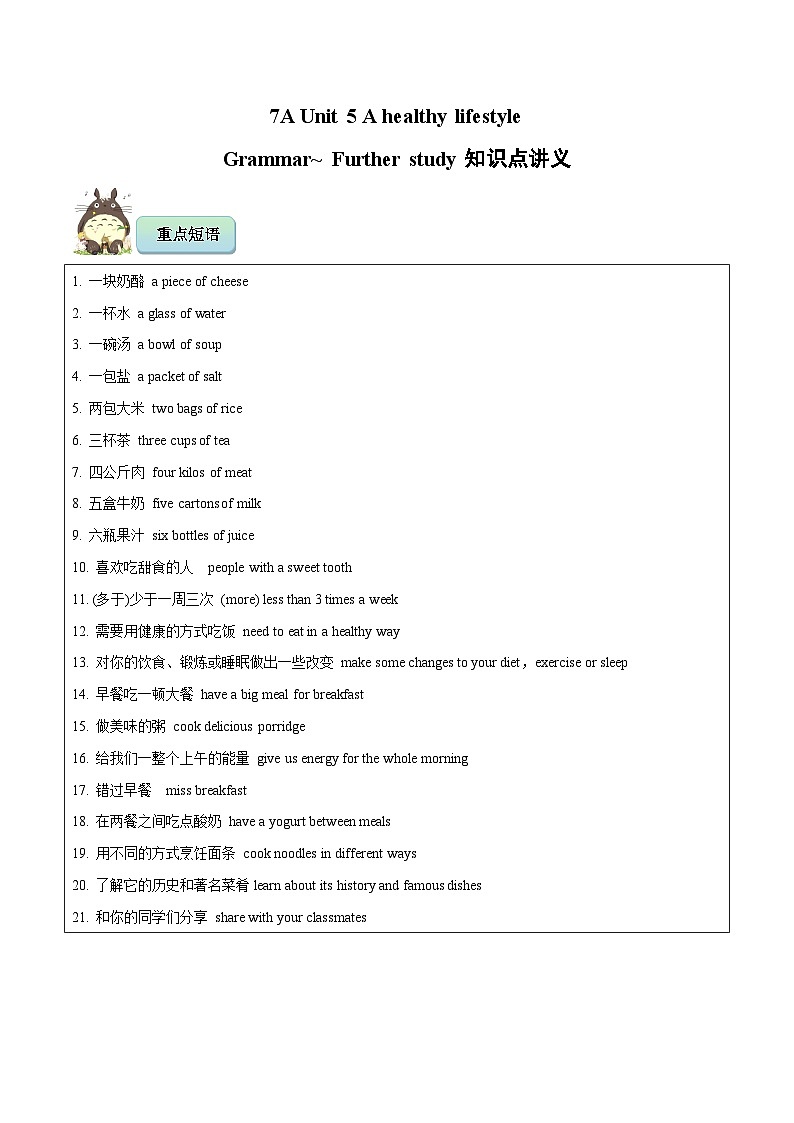7A Unit 5 A healthy lifestyle Grammar~ Further study知识点讲义 牛津译林版第1页
