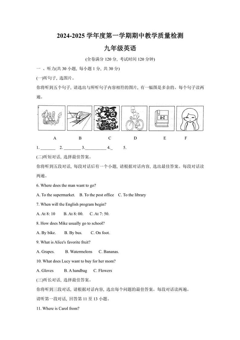 广西壮族自治区北海市合浦县2024~2025学年九年级上学期11月期中考试英语试题(含答案)第1页