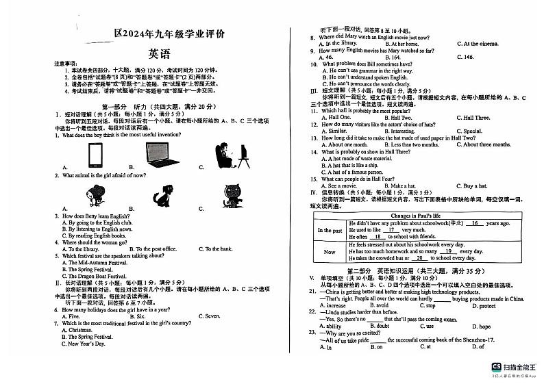 安徽省六安市实验中学2024-2025学年九年级上学期期中检测英语试题第1页
