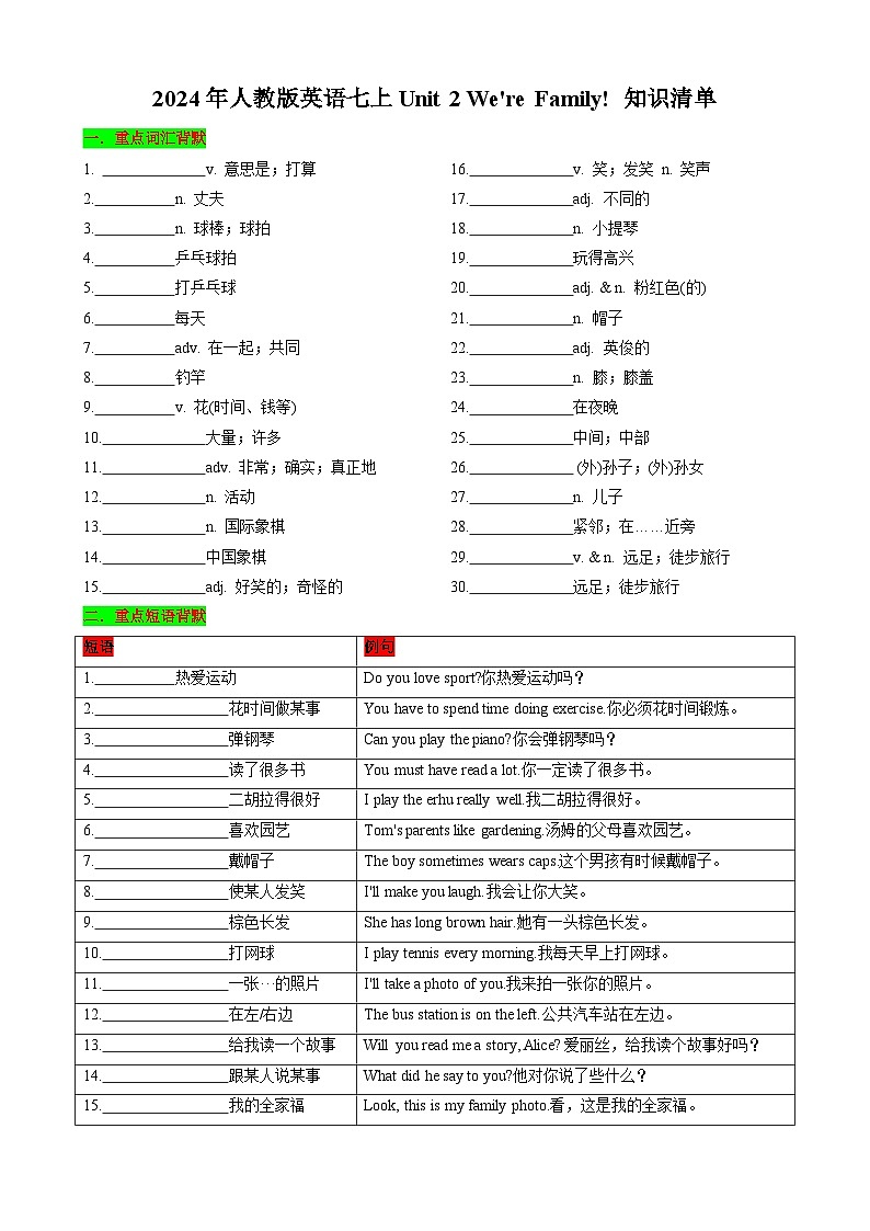 Unit2 We're Family! 七年级英语上册同步 知识点总结(空白版)第1页