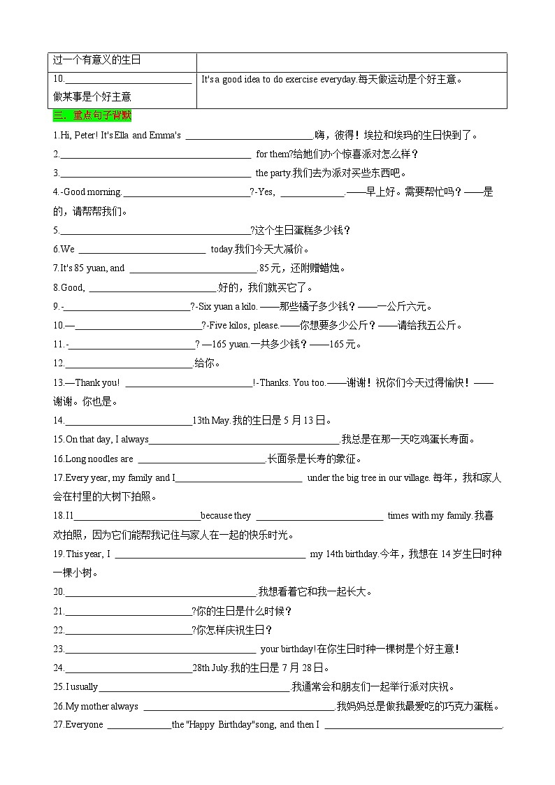 Unit7 Happy Birthday 七年级英语上册同步 知识点总结(空白版)第2页