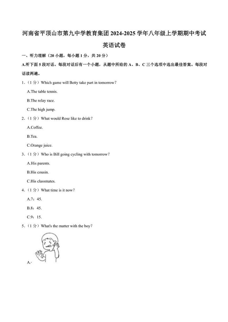 河南省平顶山市第九中学教育集团2024~2025学年八年级(上)期中英语试卷(含答案)第1页