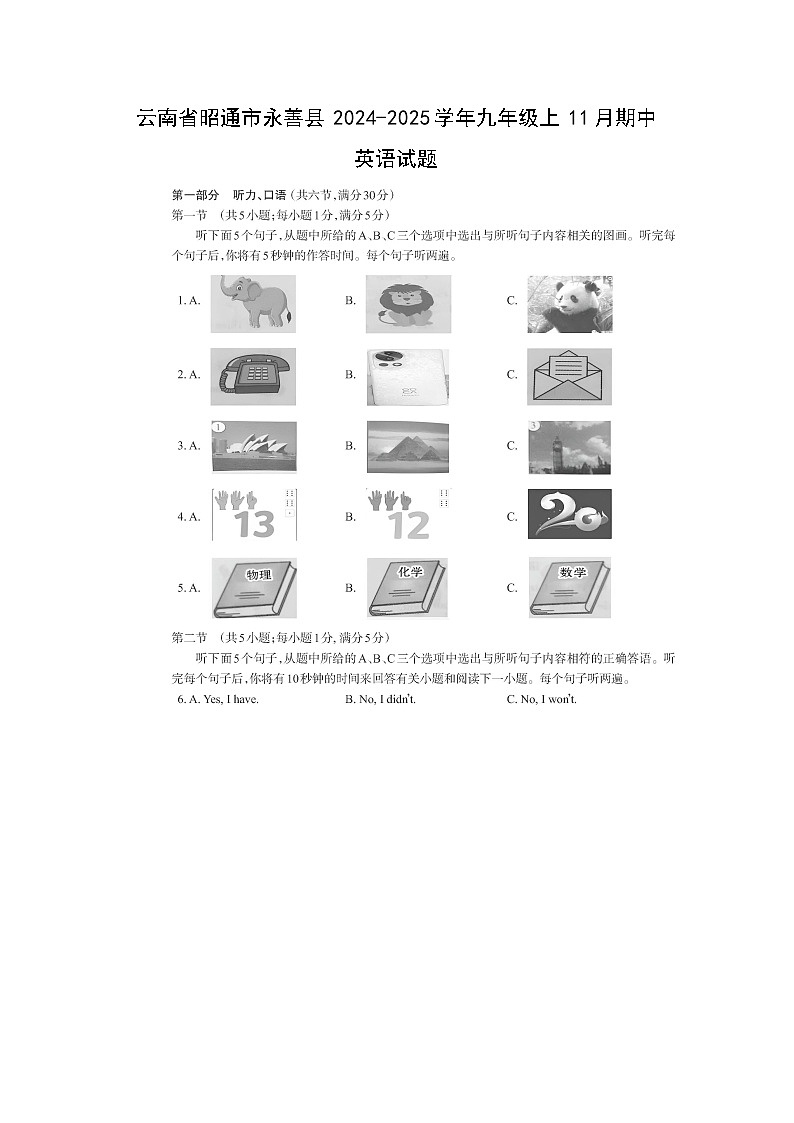 云南省昭通市永善县2024-2025学年九年级上11月期中英语试卷第1页