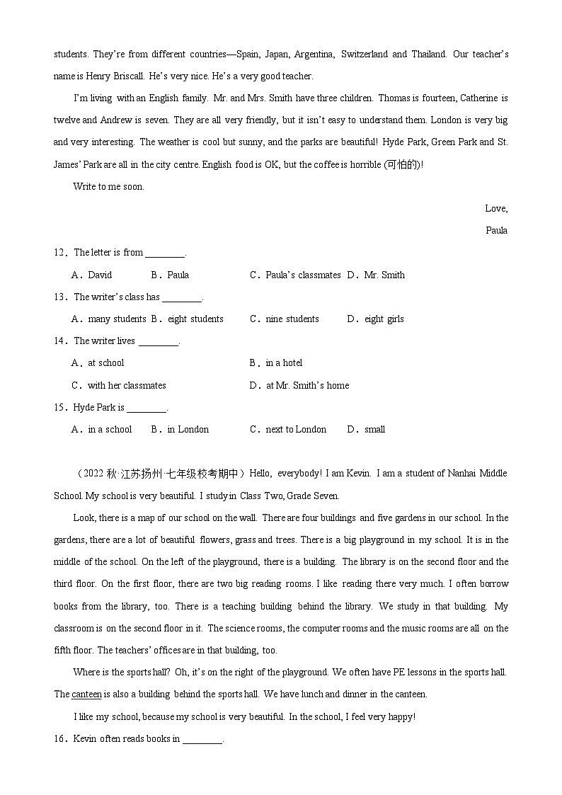 牛津译林版七年级英语上册单元重难点易错题精练 Unit 3 单元话题阅读理解练习(含答案)第3页
