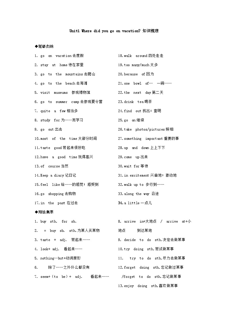 人教版八年级英语上册 Unit 1 Where did you go on vacation 知识梳理第1页