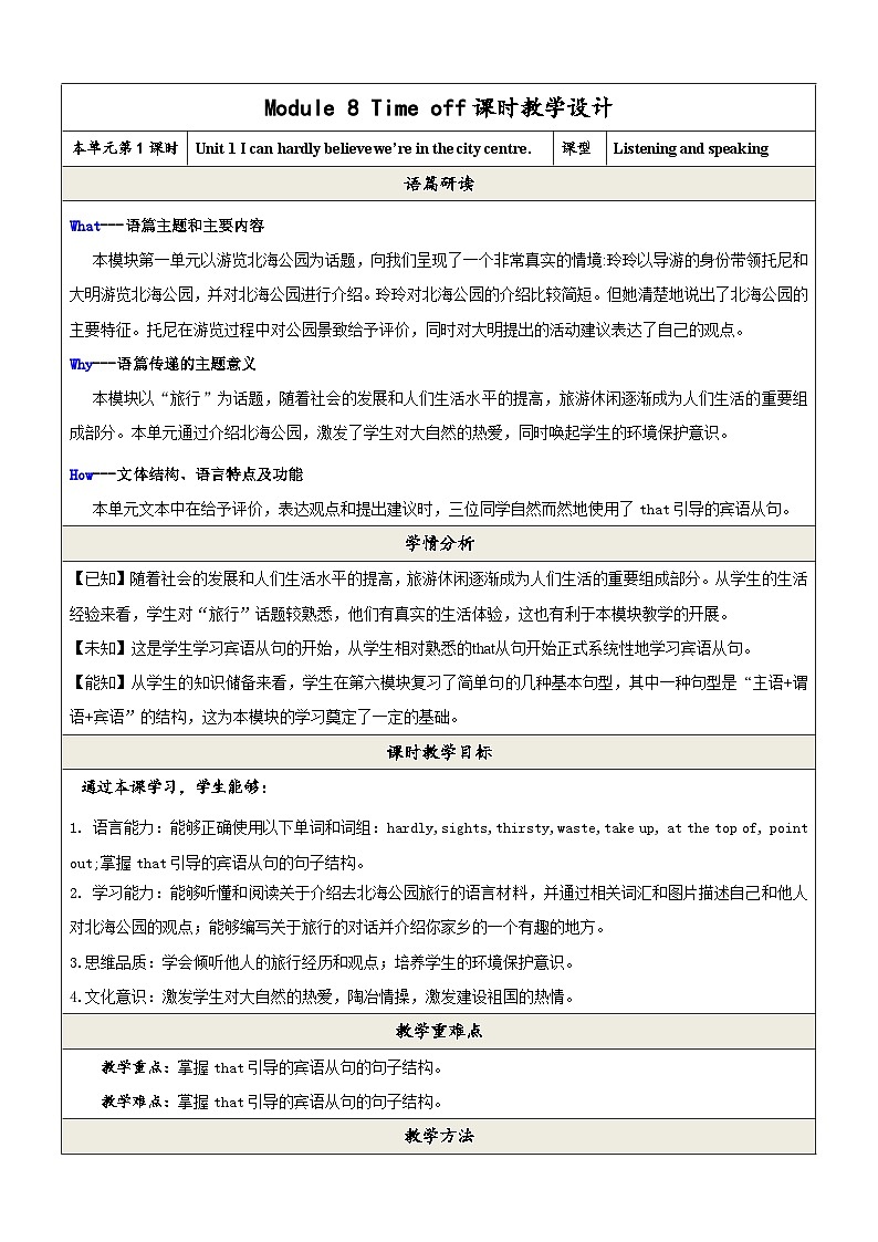 外研版英语八年级下册 Module 8 Unit 1《I can hardly believe we`re in the city centre》教案第1页
