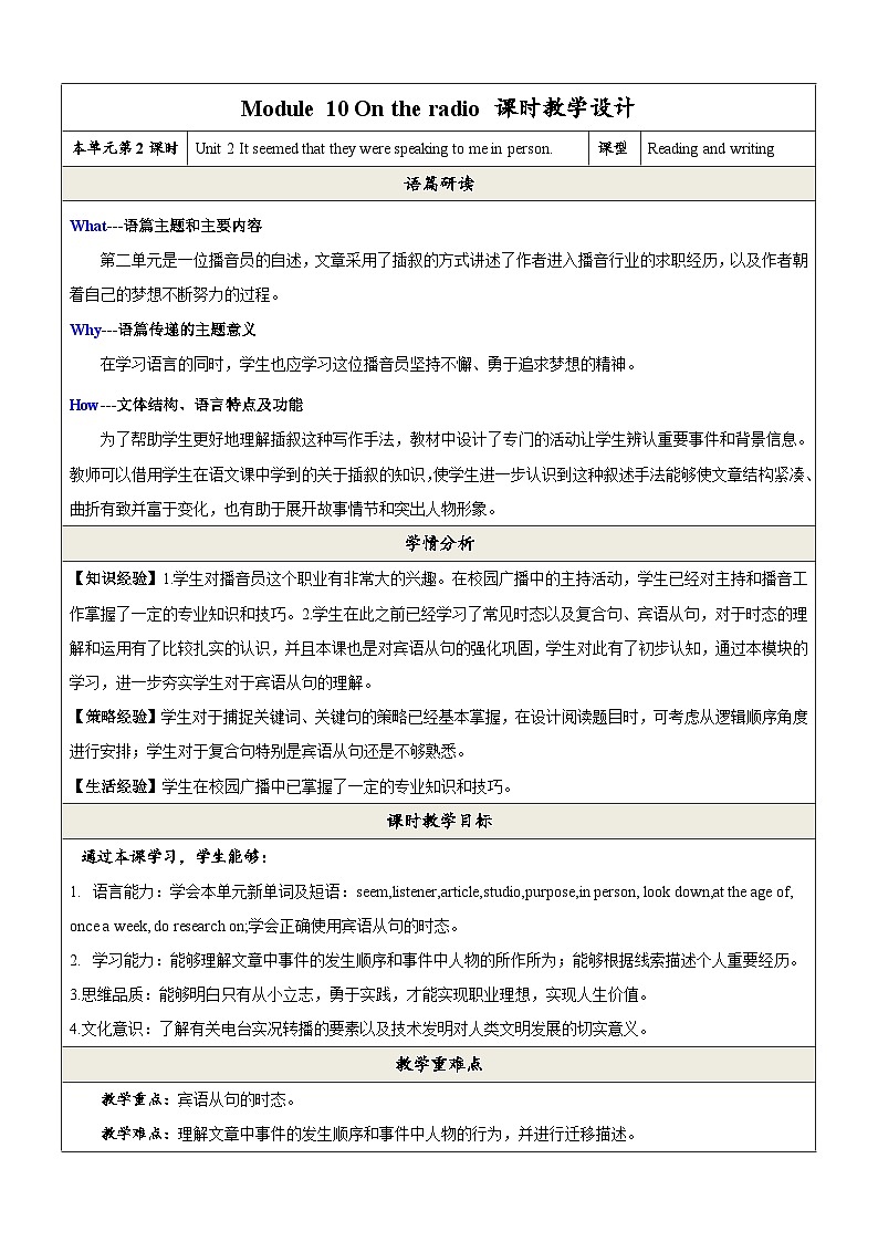 外研版英语八年级下册 Module 10 Unit 2《It seemed that they were speaking to me in person》教案第1页