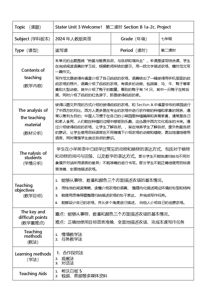 Starter Unit 3 My School Welcome! 第二课时 Section B 1a-2c Project教学设计【新人教(2024)版七上英语】第1页