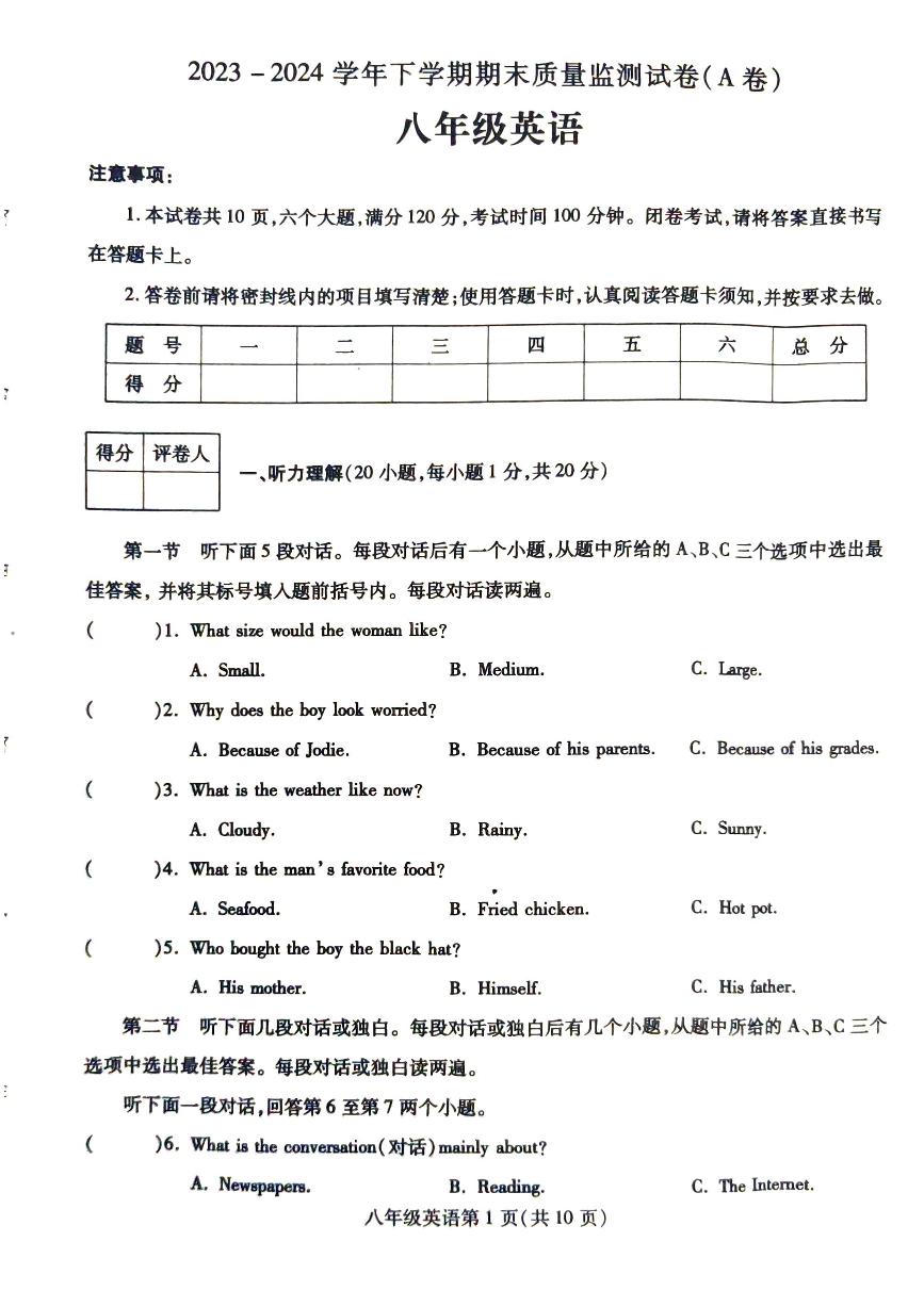 河南省漯河市舞阳县2023-2024学年八年级下学期期末英语试卷