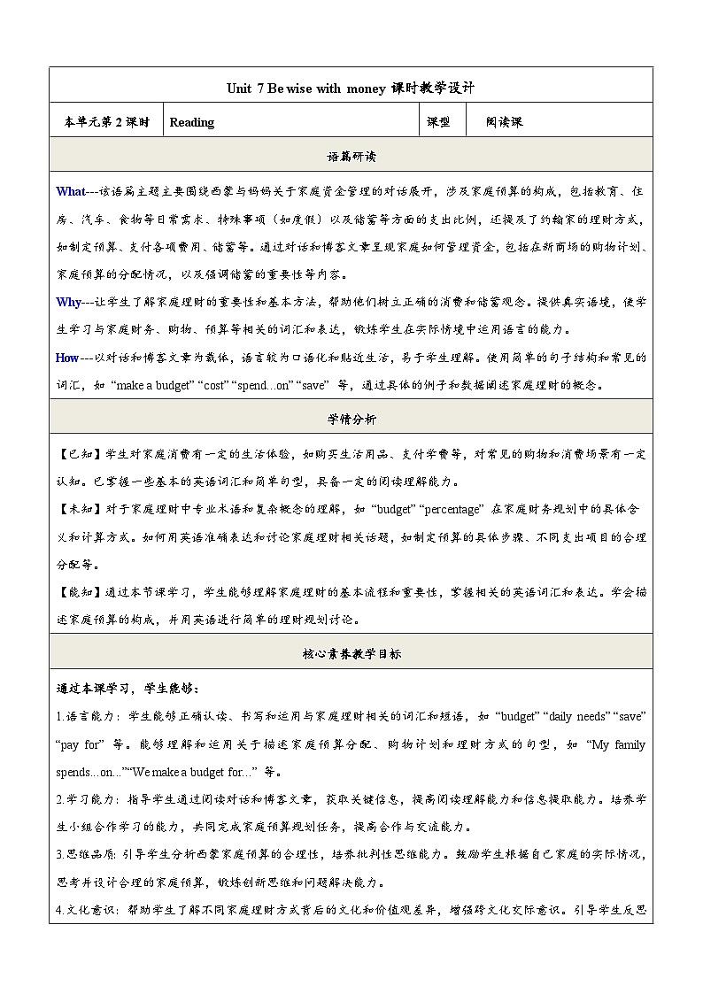 【新教材】牛津译林版英语七年级上册Unit7 Be wise with money 第2课时 Reading课件+单元整体教学设计+课时教案01