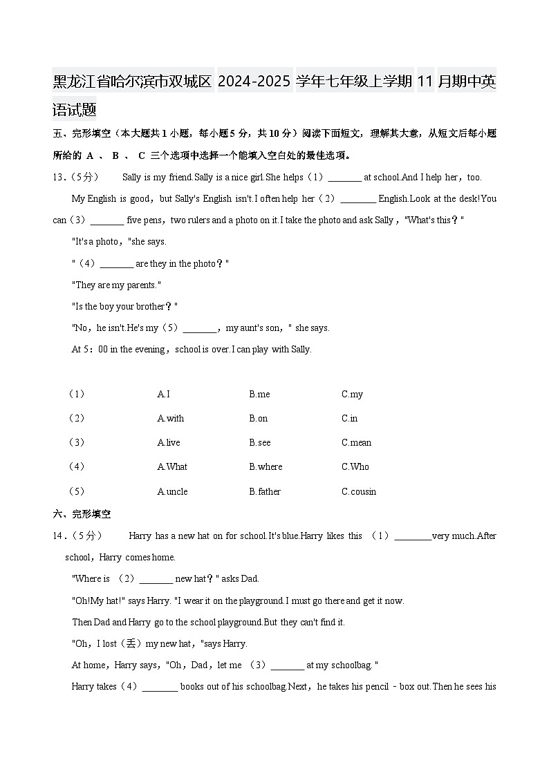 黑龙江省哈尔滨市双城区2024-2025学年七年级上学期11月期中英语试题第1页