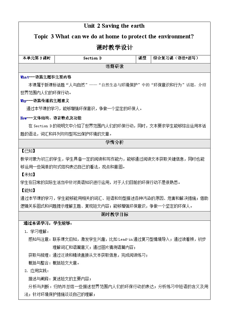 Unit 2 Saving the earth Topic 3 Section D 教學(xué)設(shè)計第1頁