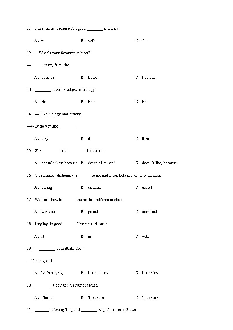 Unit 4 My Favourite Subject   核心语法和句型  强化练  2024-2025学年上学期初中英语人教版七年级上册(新教材)第2页