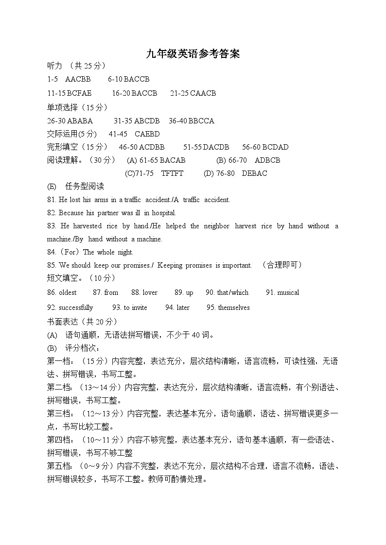 九年级英语参考答案第1页