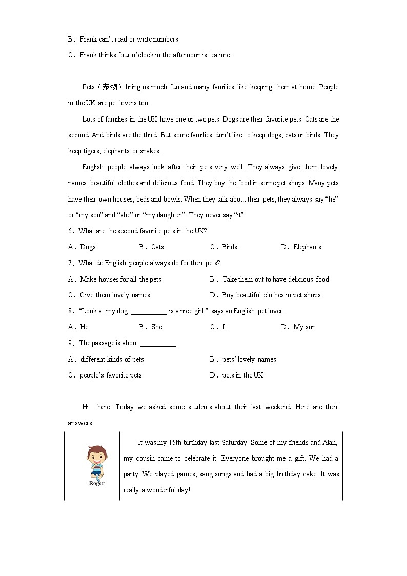 人教版七年级上册英语期末复习:阅读理解 练习题汇编(含答案解析)第2页