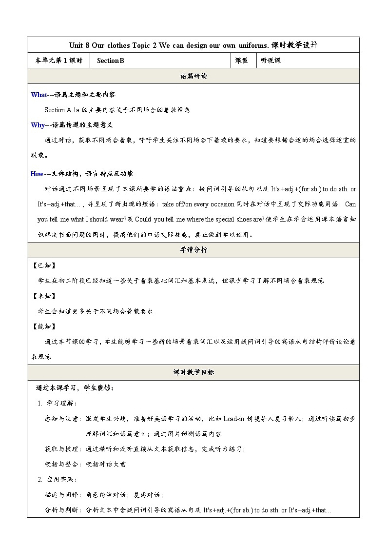 仁爱科普版英语八下 Unit 8 Topic 2 《 Our Clothes》 Section B 教案第1页