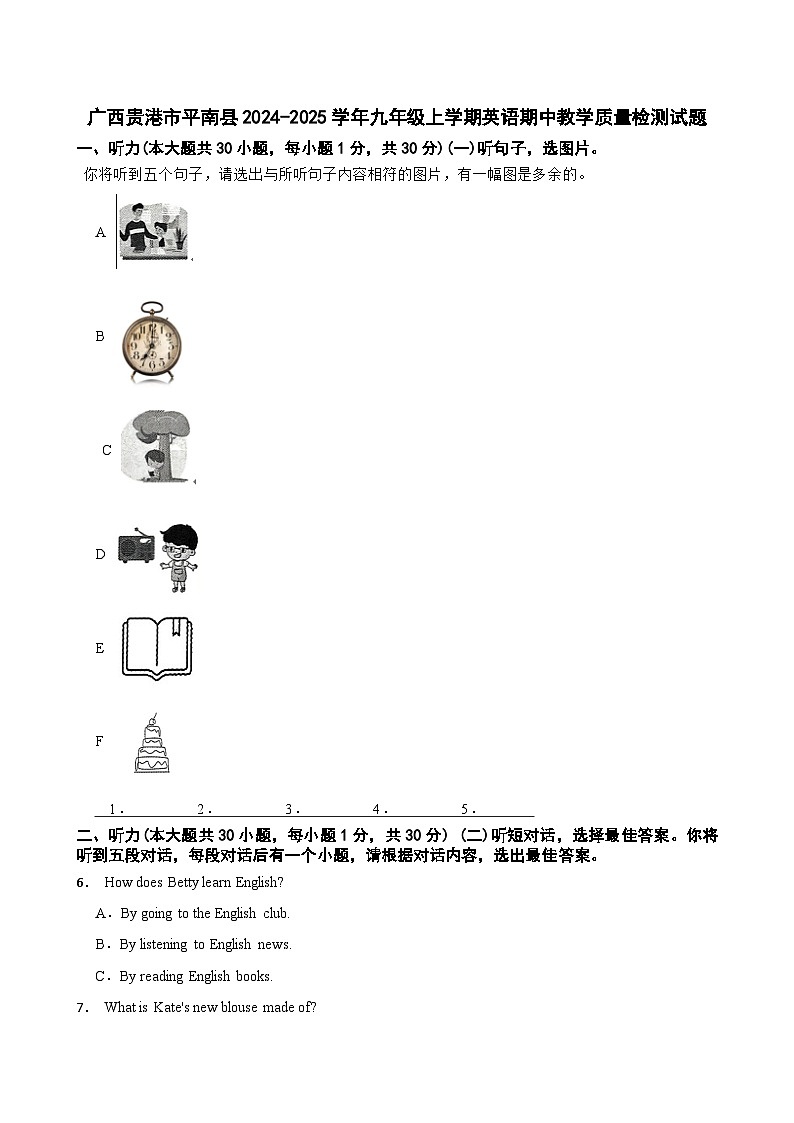 广西贵港市平南县2024-2025学年九年级上学期英语期中教学质量检测试题第1页