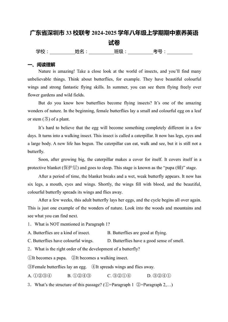 广东省深圳市33校联考2024~2025学年八年级(上)期中素养英语试卷(含解析)第1页