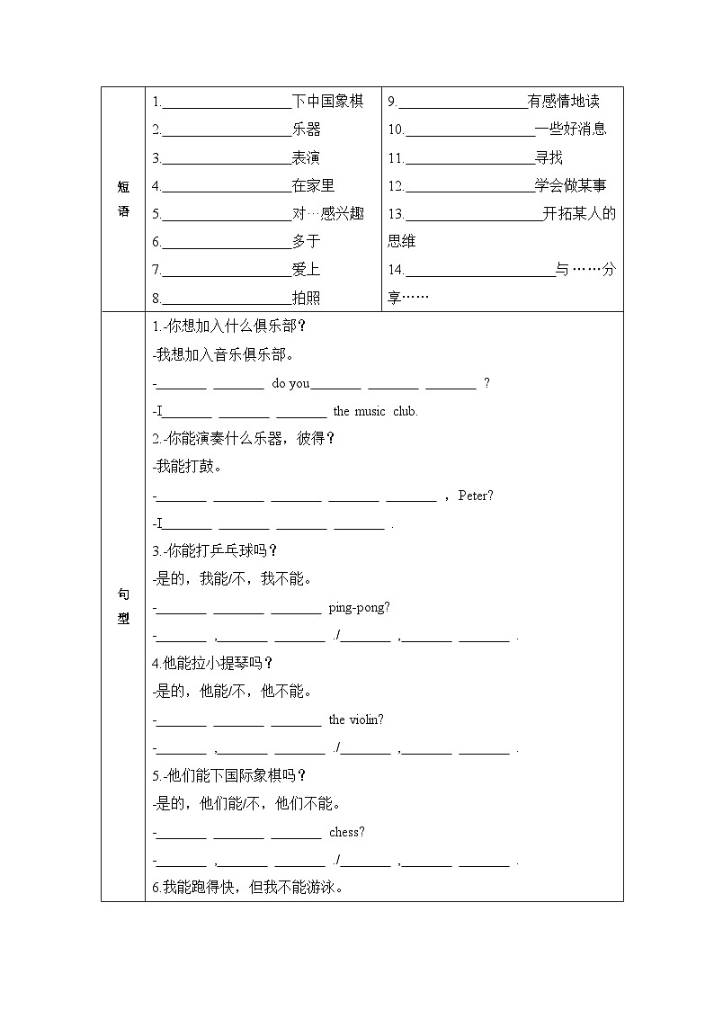 Unit 5 Fun Clubs知识过关表格式清单学案(含答案)第2页